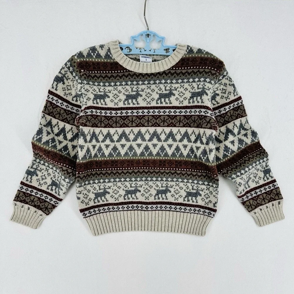 Vintage Gymboree Sweater Boys Size 5 Gray Fair Isle Moose Knit Winter Holiday
